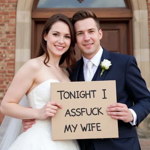 photo of a sexy couple, bride and groom, on their wedding day in front of a church, smiling. Brown hair, The groom holds a handmade sign with text, "tonight I assfuck my wife".
