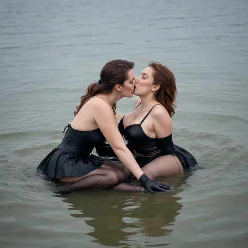woman kissing, ((both woman Wearing skirt, black bra, long satin gloves, black pantyhose, Pumps)), lying in water, in the sea, wet clothes, full view