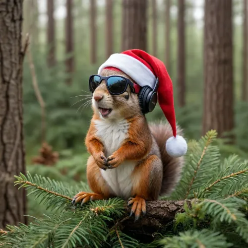 Singing squirrels wearing and sunglasses and headphones, santa cap, sitting in Christmas tree, forest, sharp focus, photorealistic, hyperrealistic, high resolution, very detailed, best quality