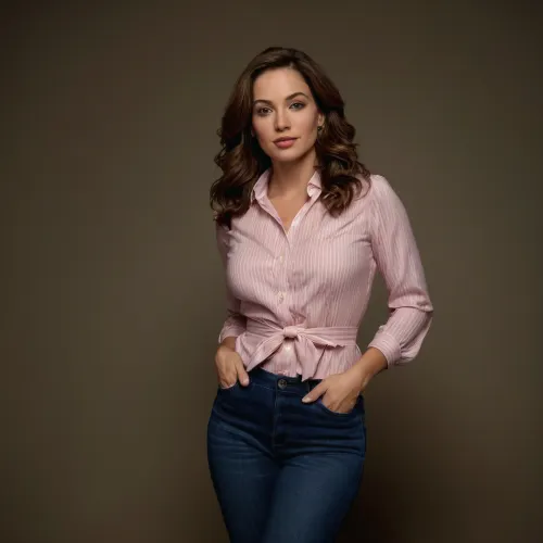 Full Body Shot, photorealistic, ultrarealistic, professional photo, 35 year old woman, 5'4" tall, shoulder length wavy brown hair, big honey colored eyes, soft facial features, Blushing cheeks, Pale skin, big and round breasts, wide hips, big and round butt, thick legs, thin and elegant arms, slightly bumpy stomach, long sleeved pink blouse, tight blue jeans, white striped blue apron, pink slippers, golden loop earrings