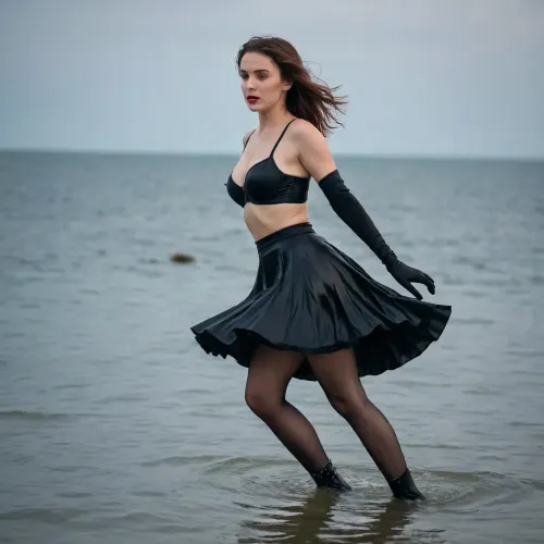 Wearing a skirt, black bra, long satin gloves, black pantyhose, heels, swimming, in the sea, wet, side view