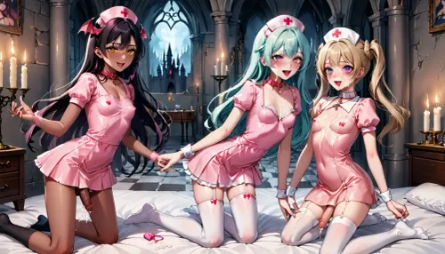 high res, masterpeice, watercolour effect, three guys, twink, trap, crossdresser, otonaku, futa, succubus, dark skin, nurse, silk dress, collar, (thigh high socks), (very skinny), long hair, small breasts, castle, candle lit room, bed, cum, bukkake, spit roast, <lora:209970_training_data:.8>