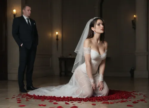 A humiliated white persian curvy bride in a wedding scene, kneeling in shame, a bride in a white wedding cutout slutty dress with a long veil lying on a black bed, wearing a necklace with a black spade symbol on her chest, two dominant black men in black leather outfits standing over her, a dark and erotic wedding setting with red lighting, rose petals on the ground, power dynamics, racial humiliation theme, real breeding fantasy theme, cinematic style, highly detailed, dramatic lighting, 8k resolution