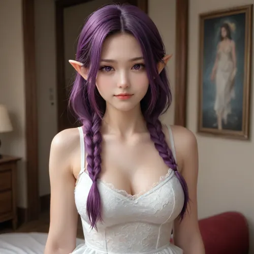 ((Masterpiece, best quality)), edgQuality, smug, smirk, garterbelt, a Young 25-year-old Asian elf woman, very long purple hair with braided bangs, purple eyes, large breasts, wide hips, in a lingerie posing for a picture, wearing the garterbelt, colorful, floral embroidery, frilled skirt, <lora:edgGarterbelt_MINI:1>