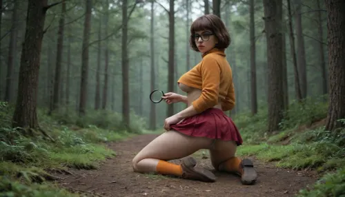 Velma from scooby doo in a haunted forest, spooky atmosphere, moody forest, a ghost watches in the background, full body, on knees, arched back, view from behind, up skirt, white underwear, puffy pussy, camel toe, holding a magnifying glass, massive tits, dripping wet pussy, juicy pussy, looking back at viewer, underboob, Velma1024, moody, forest, Sheetghost, Person, <lora:Velma1024-000290:1.5>, <lora:363711_training_data:1.2>, <lora:SheetGhost SDXL LoRA - Trigger with Sheetghost Person:1.3>