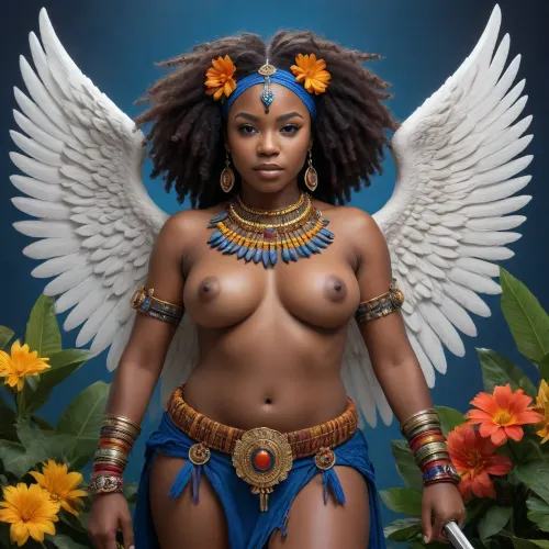 a vibrant, high-definition digital illustration of the Orishas of Umbanda, depicted in stunning 8K resolution, against a rich, dark blue background that evokes the mystical and spiritual essence of the Afro-Brazilian religion, with each Orisha visualized in a unique way, displaying their distinct personalities, transparent garments that show off their breasts and super-hairy pussies, and symbolic attributes, such as Oxalá with his staff, Iansã with her wings, and Ogum with his sword, surrounded by lush vegetation, exotic flowers, and intricate patterns inspired by Yoruba and African art, with bold, expressive lines and a mix of warm and cool colors that evoke a sense of mysticism, spirituality, and community, perfectly capturing the essence of Umbanda's rich cultural heritage, ideal for an Instagram profile picture that will resonate with followers and inspire spiritual connections.
