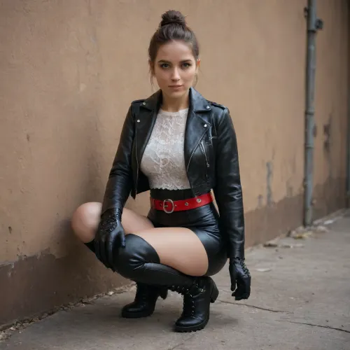 hyper realistic, photo realistic, studio quality, high quality photography, ultra erotic, brown hair up, 25 years old latin girl, (cute face, perfect Brown eyes), ((she wears a black leather jacket open on a white lace shirt, she wears also black leather tigh high boots, black leather short skirt, black leather gloves)), she has a red belt around body, (((red leather belt around the waist))), long hair, ((very realistic eyes)), She watches behind her, ((big breast)), beautiful tits, She’s squatting and pissing against a wall, A stream of piss runs from her vaginaux, In the distance a man looks at her, in the middle of the night, she is in a dark alley, illuminated by some street lampes, The atmosphere is gloomy