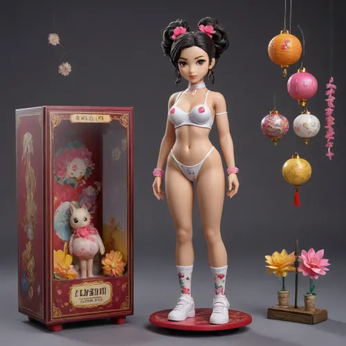 A full-body action figure of a small woman shown from the front, standing centered inside her blister. She wears modern ripped clothing with bold floral designs that show off her super hairy pussy and breasts, white tabi socks, and platform sandals. Her hair is styled in a playful bun with hair clips. All of her accessories are neatly arranged inside the blister around her, a folding cock, a small box, handcuffs, and a plastic dildo. Her name, "PUTIANE, " appears in modern Roman text in hiragana style with a pop feel. The backing card features a nighttime matsuri scene with lanterns, fireworks, and floating petals. "Made in Puta" is softly spelled out on the base of the card. All of the elements are contained within the blister.