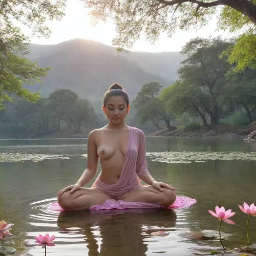 "4K Ultra HD digital painting of a female Gautama Buddha in deep meditation beneath an ancient Bodhi tree next to a tranquil lake, with pink lotus flowers floating by, golden sunlight filtering through the leaves, soft mist over the distant green hills and calm spiritual vibes in the air."