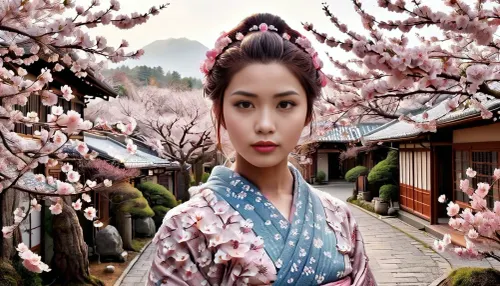 4K UHD ultra-detailed RAW photo, high detailed, 8k, photorealistic, Masterpiece, ((solo)), A beautiful young japanse woman sits under a cherry tree, DonMS4kur4XL. Cherry blossoms fall all around her, and lie thick on the geround. She wears a revealing blue silk kimono, with an ornate hairstyle and strong Geisha makeup, fflix-geisha. In the distant background behind the woman is a traditional Japanese village.
Look at viewer.

traditional, Japanese, v1ll4g3, fflix-geisha, <lora:traditional_Japanese_v1ll4g3:.7>, <lora:Fflix-Geisha:1.1>, <lora:DonMS4kur4XL-000006:1.1>