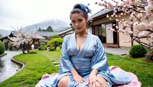 4K UHD ultra-detailed RAW photo, high detailed, 8k, photorealistic, Masterpiece, ((solo)), A beautiful young japanse woman sits under a cherry tree, DonMS4kur4XL. Cherry blossoms fall all around her, and lie thick on the geround. She wears a revealing blue silk kimono, with an ornate hairstyle and strong Geisha makeup, fflix-geisha. In the distant background behind the woman is a traditional Japanese village and mist covered mountains.
Her head is trunred 35 degrees to the side as she looks at viewer with a shy smile., (shy smile), traditional, Japanese, v1ll4g3, fflix-geisha, <lora:traditional_Japanese_v1ll4g3:.5>, <lora:Fflix-Geisha:1>, <lora:DonMS4kur4XL-000006:.8>