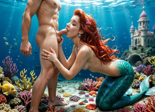 disney, redhead Princess ariel, the little mermaid, mermaid body, topless, messy hair, looks happy, moaning, wet body, wet hair, detailed background, perfect detailed body, detailed skin texture, cute face, realistic face, full body view, under the sea, sucking dick, male scuba diver, deepthroat, happy, enjoying, stroking dick, nude, breast exposed, FRESHIDEAS, Underwater, Palace, <lora:FRESHIDEAS Underwater Palace:.8>, mermaid, <lora:mermaid_xl_v1:.8>, side view, full body