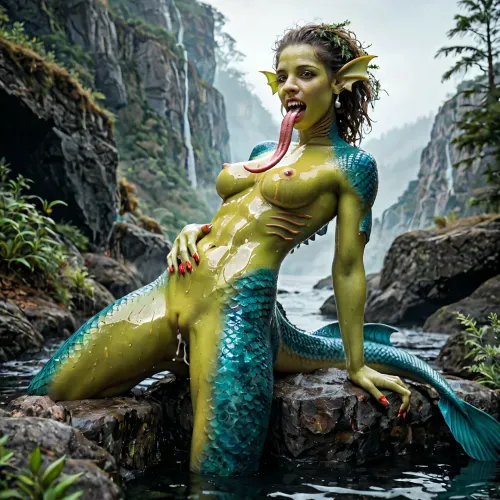 mermaid, green, (green skin=1.9), fin-ears, (fin ears), seaweed hair, kelp hair, (kelp hair=1.6), legs fused into fish tail, (gills), (thoracic gills), small tits, perky tits, irridescent scales near breasts, irridescent cyan scales on tummy, (tummy scales), errect nipples, pearls, irredescent scales cover tail, pussy near tail, golden caudal fin, large labia, creampie, hip fins, sharp teeth, long tongue, wet, oil, excessive oil, body covered in kelp, (kelp), needle nails, (long nails), blood on teeth, blood on tits, show face, show tail, ((show face)), (show tail), red gel on nails, red pain splatter on rocks in background, island in the backgound, fog