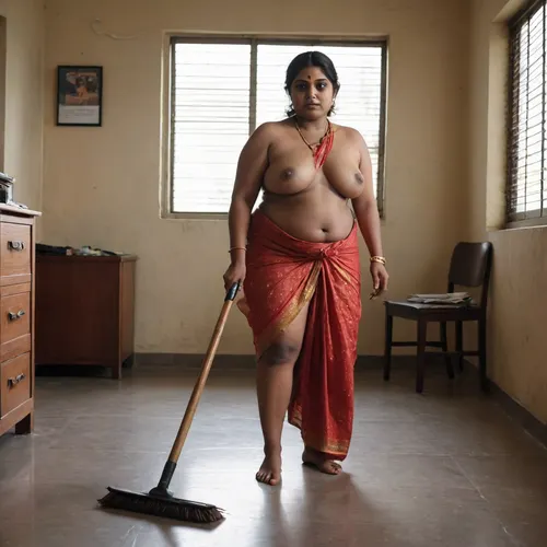 sexy chubby 50 years old indian woman, large boobs, thick thighs, less ornaments, no makeup, chubby face, thick body, black skin, removing saree, topless, boobs, upskirt, sweep office floor with broom, bowed down