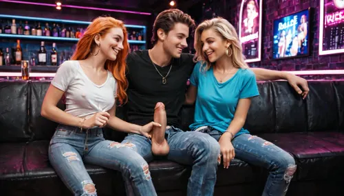 Two young women are sitting in a nightclub wearing jeans and thin, almost transparent blouses. They have long blond hair and a normal chest. In front of them is a man with his pants down and a very large penis. They are admiring his large penis, happy, it will be their first time.