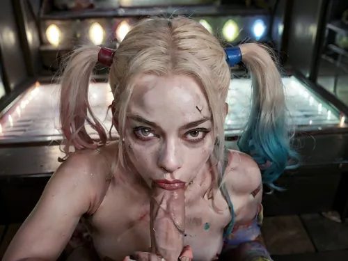 Harley Quinn, sucking, a, big, (((full nude Harley Quinn))), (((perfect very big tits))), (((deepthroat penis))), cock, (((deep blowjob))), (((full topless))), (((Margo Robbi))), facial, harleyquinn, m4rg0tr, h4rl3yq, 1girl, normal size penis, hetero, 1boy, fellatio, oral, solo, focus, pov, <lora:HarleyQuinnV2:.5>, <lora:m4rg0tr:.5>, <lora:MS_Real_POV_Blowjob:.5>