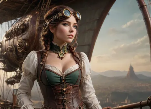 A majestic steampunk airship, the "L'Esprit de Paris, " soars through a vibrant sunset sky. A young Frenchwoman, 20s, with olive skin, dark auburn hair styled in elegant braids, stands proudly at the airship's railing. She wears a tailored emerald green steampunk corset dress, adorned with brass gears and intricate clockwork embellishments, paired with knee-high brown leather boots and goggles perched atop her head. Her expression is one of serene determination, her gaze fixed on the sprawling landscape below. Her body is slightly angled, suggesting a gentle breeze. The airship, meticulously detailed with polished brass, copper rivets, and mahogany wood, features intricate clockwork mechanisms visible through portholes. The warm glow of the setting sun casts long shadows across the clouds and bathes the airship in a warm, golden light. The background showcases a breathtaking vista of rolling hills and distant mountains, rendered in rich, saturated colors. The scene is captured from a slightly low angle, emphasizing the airship's grandeur. The overall style evokes a romanticized steampunk aesthetic, reminiscent of Art Nouveau and incorporating elements of both fantasy and realism, focusing on intricate detailing and dramatic lighting. The mood is one of adventurous wonder, capturing the spirit of a pioneering era. The image should feature a shallow depth of field, emphasizing the woman and the details of the airship. Camera lens, 50mm., steampunk_costume, wearing, steampunkai, SteamPunk, <lora:JJsSteamPunk_XL:.8>, mad-stpk-ggls, mad-stpk-flcp, mad-stpk-ht, <lora:Gearbound_Steampunk_Chic_2_SDXL:.8>