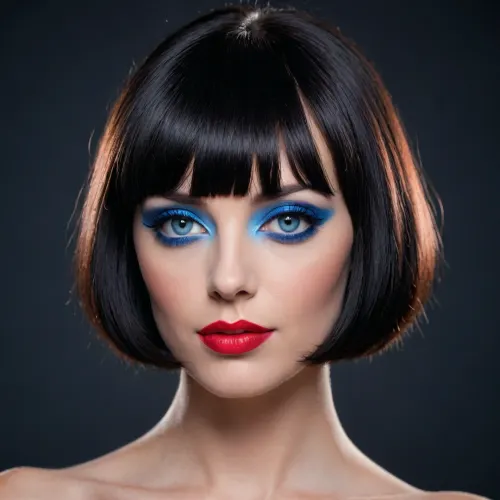 shot of a beautiful woman, (((jet-black micro bob hair with full blunt bangs))), (((red lipstick, black fashion style eyeliner, black eyeshadow))), (((nude))), (((blue eyes))), woman looking at viewer, seductive look on her face, closeup view from the side, solid black background, high contrast lighting, <lora:Creat0r_MagicDetailzV2_FIX:.1>