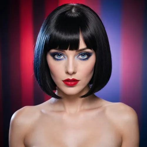 shot of a beautiful woman, (((jet-black micro bob hair with full blunt bangs))), (((red lipstick, black fashion style eyeliner, black eyeshadow))), (((nude))), (((blue eyes))), full lips, woman looking at viewer, submissive look on her face, closeup view from the side, solid black background, high contrast lighting, <lora:Creat0r_MagicDetailzV2_FIX:.1>