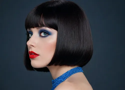 shot of a beautiful woman, (((jet-black micro bob hair with full blunt bangs))), (((red lipstick, black fashion style eyeliner, black eyeshadow))), (((nude))), (((blue eyes))), full lips, woman looking at viewer, extremely submissive look on her face, closeup view from the side, solid black background, high contrast lighting, <lora:Creat0r_MagicDetailzV2_FIX:.1>