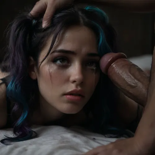 Score_9, score_8_up, score_7_up, (close-up of her face:1.4), (cock on her head), (1girl, 1man), (long hair), (multicolored hair, (The girl is crying), (dark purple hair), (bright blue hair)), (twintails), (wavy hair), (messy hair), submissive, (pointy breasts), (retrousse tits), (nipple piercings), (bimbo slut makeup), (mascara running down her face), (incredibly long lashes), (bimbo lips), (black lipstick), (super snatched waist), (pencil waist), (huge bbl ass), (oiled glossy skin), (sweaty skin), (shaved pussy), (white skin), (pale skin), (gothic), (goth), (tan lines:.8), (brown eyes), (perfect mouth), (perfect lips), (topless), (bottomless), (no clothing except a black garter belt and black fishnet thigh-high leggings and black platform stilettos and black fishnet arm sleeves), perfect eyes, (she's laying prone on a bed with her face near the viewer:1.2), (cock on the top of her head:1.2), (cum dripping from cock), exhausted, tired, hair and makeup was elegant and beautiful but is now messy and disheveled after hours or rough sex, (ruined makeup), (smudged lipstick smeared across face), (cum running out of her nose and mouth onto the bed:1.1), (excessive amounts of cum:1), (vacant expression:1), (fucked stupid, brainless), (black walls), (gothic bedroom), (blue and purple neon lighting), (bright neon lighting), HighRes Fix, ADetailer, Inpainting, Upscale, Photoshop, <lora:PerfectEyesXL:.8>, <lora:dark:.5>, <lora:315758_training_data:.8>