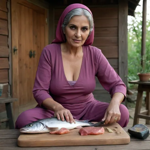 sexy mature 70 years old thick muslim woman, long saggy tits, cute, no makeup, removing kameez, cleavage, boobs seen, sitting on a low wooden stool, focused on cutting fish on a chopping board. And her hands are busy with a knife and a fresh fish. And the setting is an outdoor house.