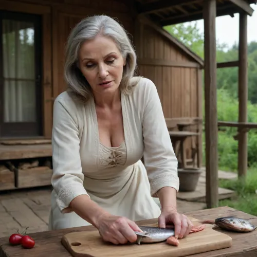 sexy mature 70 years old thick muslim white woman, long saggy tits, cute, no makeup, wearing kameez, bowed down, cleavage shown, boobs, sitting on a low wooden stool, focused on cutting fish on a chopping board. And her hands are busy with a knife and a fresh fish. And the setting is an outdoor house.