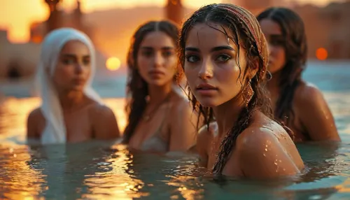 HD masterpiece, professional photo, score_9, score_8_up, maximum detail, volumetric lighting, summer sunset light, harem scene, (((group of five different arabic womens))), ((arabic style)), ((random hairstyles)), (random sizes), they are arabic womens, they have dark tanned skin, see-through loose dresses, around the hamam, breasts exposed, wet, ultra detailed faces, <lora:MJ52:.8>