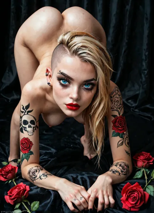 score_9, score_8_up, score_8, score_7_up, score_7, 1girl, full body view, small, cute female, detailed eyes, dark eyebrow, cute face, freckles, ear piercing, petite naked body, short, small face, cute, easynegative, slender, score_/_up, score_6_up, (She has undercut, one side shaved hairstyle long blonde hair), (big blue eyes), (medium perky breasts), super slim body, ((roses and skulls tattoos covered her body totally)), (nose, ears, eyebrow piercing), (red lipstick), (strong smudged black mascara), goth girl, innocent, shy, skinny girl, 18yo, long hair, lowleg, skindentation, exposed bellybutton, thin waist, slim legs, slim ass, slutty face, extasy orgasming face, (bent over picking up a slice_of_cherry_pie from the ground, bent over at the waist, face upside down between legs)