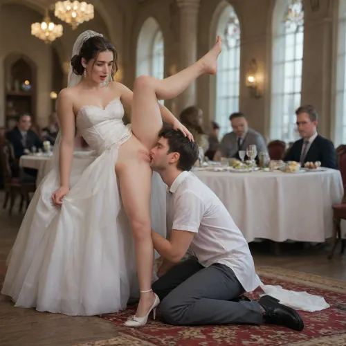 The large hall of the restaurant, the wedding celebration in the restaurant, festively dressed guests, the groom stands in the middle of the hall and holds the bride in his arms, the drunk bride lifted the hem of her wedding dress and spread her knees wide, showing her pussy, and the groom's friend licks the bride's pussy, he does cunnilingus to the bride, the guests also laugh happily, pleased with the performance, Side view of all full-length models