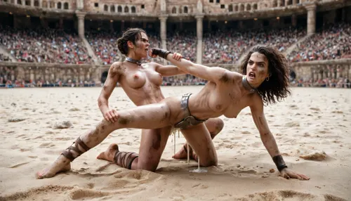 Two cute athletic gladiator girls, naked, (Dirty:.7), no make up, (heavy steel collar:1), (metal chastity belt 1.1), leather straps on torso, on hands and on legs, cum dripping, leaking cum, on sand, Roman gladiator arena, stone walls, angry, (fight:1.2), fighting each other, beating each other, excitedd Roman crowd