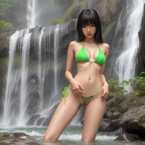 full body view from 30 feet away, beautiful sexy slender 20 year old Thai model woman posing with a skimpy neon green bikini with large 38DD breast, no makeup, Brown eyes, long black hair, full body view, bare legs, large 38DD breast, standing in the waterfall as water falls on her, perfect fingers, both hands move to cup her pussy with lot of hairy pussy, (vagina), (hairy pussy)