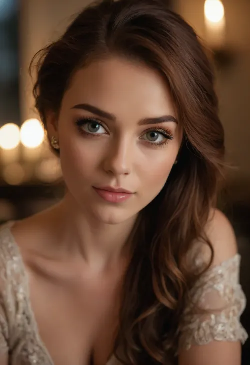 (masterpiece:1.2), (best quality:1.2), (award-winning:1.1), (elegant girlfriend:1.5), (adoring gaze:1.4), (beautiful adorable woman's face:1.5), (loving expression:1.4), (sweet shy smile:1.3), (romantic candlelight dinner setting:1.3), wearing a, (sophisticated fashionable outfit:1.4), suitable for a romantic date, (intricate eye details:1.6), (vivid and captivating eyes:1.6), (long, delicate eyelashes:1.5), (perfectly applied eyeliner:1.4), (short, glossy rich auburn hair with coppery highlights:1.4), soft loose strands, elegantly swept back hairstyle, (warm, inviting, and comforting color palette:1.5), (sense of deep adoration and contentment:1.6), (soft, romantic lighting:1.5), (cinematic, atmospheric lighting:1.4), (shallow depth of field:1.6), (softly blurred background:1.3), professional color grading, (flawless detailed skin:1.5), (natural skin texture:1.6), (realistic skin details:1.5), subtle skin imperfections, (intricately detailed hair:1.5), (expressive detailed eyes:1.6), (visible limbal ring:1.5), (detailed iris texture:1.5), (natural hair texture:1.4), (realistic eye texture:1.5), subtle vellus hairs, ziprealism