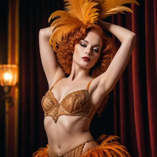 Danseuse NSFW style photoréaliste, scène de cabaret parisien, cheveux roux bouclés, pose sensuelle en tenue à plumes, rendu 4K