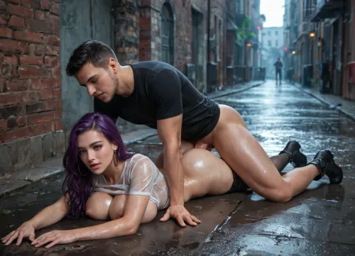 masterpiece, best quality, 8k, natural lighting, 35 y.o. gorgeous woman, pretty face, (realistic face), perfect eyes, very long legs, medium ass, huge giant breasts, well-built, long straight purple hair, pale skin, shaved pussy, pussy lips exposed, no underwear, (black thigh high nylon stockings:1.2), (black long sleeved tight shirt:1.2), nipples exposed, black ankle boots, wet skin, (wet clothes), full body, in a dark alleyway, heavy rain, lying on ground, (laying on stomach), (legs together:1.2), (both legs are lying on ground), man fucking woman, (prone bone), (man fucking her ass:1.2), (man holds woman down:1.3), anal sex, (view from behind:1.5)
