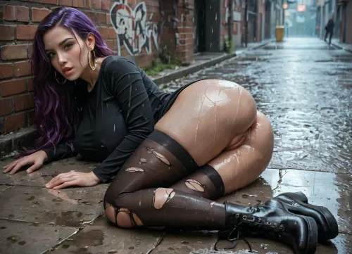 masterpiece, best quality, natural lighting, pretty face, highly detailed realistic face, natural face, perfect eyes, very long legs, medium ass, huge giant breasts, well-built, long straight purple hair, pale skin, shaved pussy, pussy lips exposed, no underwear, (black thigh high nylon stockings), long sleeved tight black shirt, black ankle boots, (wet skin), (wet ripped clothes), full body, dark alleyway, (heavy rain), one woman in picture, lying on ground, (lying on her side:1.2), (legs together), man lies behind her, (man fucks woman in the ass from behind:1.3), anal sex, (man is wearing his pants), (view from the side)