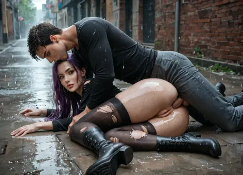 masterpiece, best quality, natural lighting, pretty face, highly detailed realistic face, natural face, perfect eyes, very long legs, medium ass, huge giant breasts, well-built, long straight purple hair, pale skin, shaved pussy, pussy lips exposed, no underwear, (black thigh high nylon stockings), long sleeved tight black shirt, black ankle boots, (wet skin), (wet ripped clothes), full body, dark alleyway, (heavy rain), one woman and one man in picture, lying on ground, (lying on her side:1.2), (legs together), (her head lies on the ground:1.2), legs stretched out, (man is lying behind her), (man fucks woman in the ass from behind:1.3), anal sex, (man is wearing his pants), (view from the side)