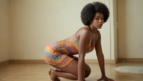 60ies style photo shoot environment. an ebony woman with a afro hairstyle is squatting. she is wearing a 60ies style colorful seethrough short dress. no underwear. explicit, vagina