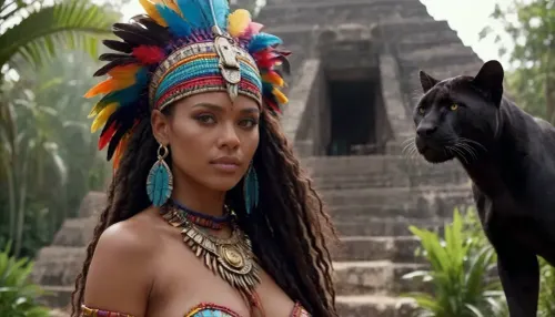 a dark skinned aztec princess woman is standing in the jungle in front of ancient pyramids. next to her is a black panther. her hand is resting on the panthers head. she is wearing an elaborate headpiece with long colorful feathers. no slip. no bra. explicit, vagina, godpussy, <lora:SDXL_GodPussy_v1:.8>