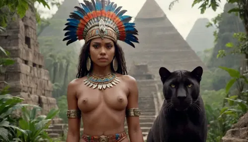 a dark skinned aztec princess woman is standing in the jungle in front of ancient pyramids. next to her is a black panther. her hand is resting on the panthers head. elaborate facial paint. she is wearing an elaborate headpiece with long colorful feathers. no slip. no pants. no bra. explicit, vagina, godpussy, <lora:SDXL_GodPussy_v1:.8>