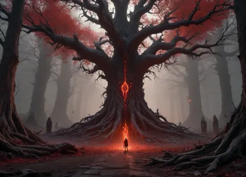 fantasy apocalypse, dark dystopian world, ruined ancient city overgrown with roots and crystals, blood-red sky with ominous black clouds, glowing magical runes on cracked ground, group of survivors in tattered cloaks and bone armor, shadowy creatures and mutated beasts roaming the ruins, massive otherworldly portal leaking dark energy, ethereal ghosts floating in the air, dark forest with bone-like trees and glowing veins, cinematic lighting, high detail, dark fantasy aesthetic, death symbolism, contrast of light and shadow