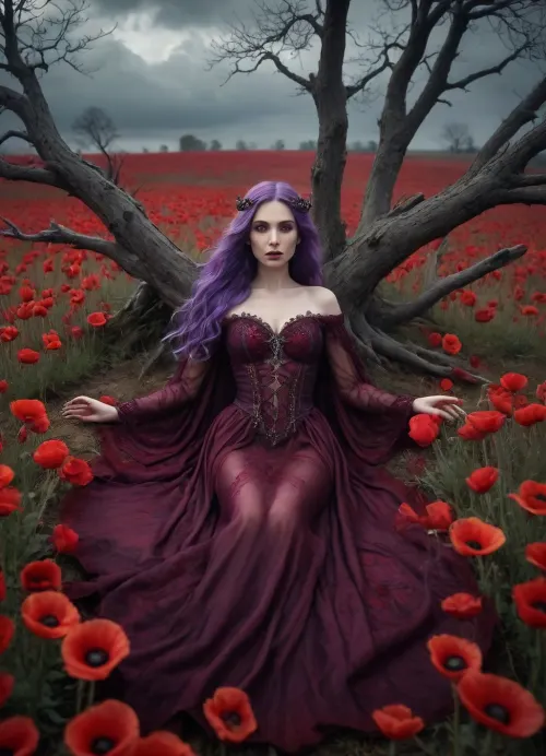 fantasy dystopia, dark ethereal aesthetic, an elven woman with long flowing purple hair, opulent regal attire, revealing and luxurious gown with intricate details, lying seductively on a field of blood-red poppies, aerial view from above the clouds, cinematic composition, soft lighting with ominous shadows, death symbolism, dark fantasy atmosphere, pale skin, glowing eyes, delicate yet powerful presence, surrounding forest with twisted trees, dramatic sky with stormy clouds, high detail, moody and atmospheric