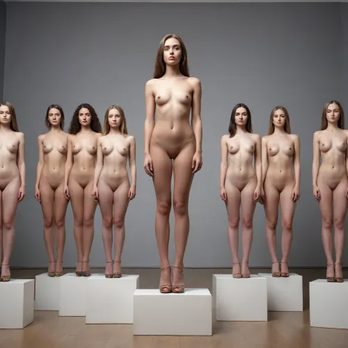 slender young woman standing on a small plinth, she is fully naked except for high heels, behind her other young women are lined up on identical plinths.