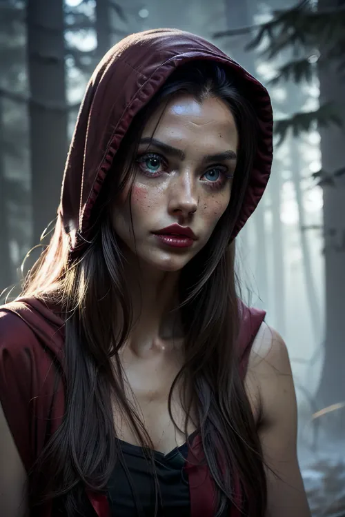 a cloeeup of a coquettish slender hot Little Red Riding Hood in the dark forest, a wulf on here side, dark mood, topless, realistic highly detailed large beautiful crystal eyes with light glowing {brown, blue, green} iris, heartshaped lips, freckles, lip gloss, aroused skin, olive skin, dramatic sunrise, ground-fog, fog, darkness mood, a detailed photo, a photorealistic photo, realistic pretty women photo, realistic night vision parallax double exposure photo style, she stay in the background
