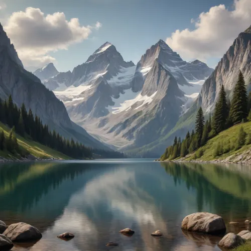 Majestic mountains, overlooking an alpine lake, well defined, realistic, oil painting, detailed, high resolution, piviv art. Trending on artstation.