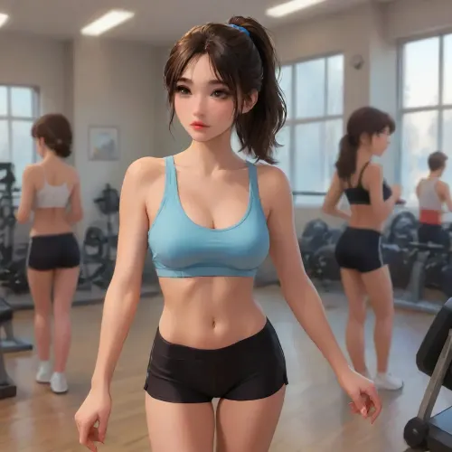 girl, 18 years old, Russian, beautiful face, (brown hair), big lips, seductive innocent face, cute nose, snub nose, (realistic), super detail, masterpiece, ultra-high resolution, 8k UHD, SLR camera, high quality, detailed skin texture, toned body, large breasts, cleavage, symmetrical face, detailed face, perfect face, realistic girl, straight smooth hair, looks erotic, young girl in the gym, in the gym, (abundant makeup:1.1), tight black short pants, sports top, photorealism, studio lighting, soft shadows, best quality, top model with long legs, noticeable abs, (hair gathered in a ponytail:1.2), curls fall in strands on the face, bangs on the face, S247_JuliaDamia, S129_LizaKovalenko, S197_IvankaPeach, (j_cartoon:1.5), Drawing, <lora:580159_training_data:.4>, <lora:samdoesarts1.1-000030:.5>, <lora:J_cartoon:.4>, <lora:Animated_Concept:.4>