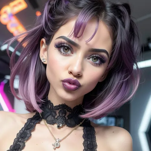 Hyperrealism, natural petite cutie, 18 years old beautiful, stunning unique female character. She has large eyes filled with joy and excitement, extravagant eyelashes, colorful short hair, disheveled hair, making this image a masterpiece of photography and digital art. Style, realistic hyper-detailed rendering, 32k UHD, expressive eyes, punk, graphic design, girl's face, pretty and cute, gleaming lips, white skin, pouting, romantik goth makeup, <lora:Pouting:.7>, <lora:weight_slider_v2:-1>, <lora:age_slider_v20:.1>, <lora:detail_slider_v4:.5>