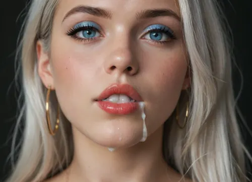 Close up shot of a beautiful woman after deepthroating a big cock, thick hard cock, red lipstick, blue eyeshadow, winged eyeliner, fake eyelashes, fashion makeup, large silver hoop earrings, long white hair with full bangs, woman looking at viewer, blue eyes, closeup view from the side, dark background, high contrast lighting, (((cum spilling from corner of mouth, cum dripping from her lips and chin))), <lora:Creat0r_MagicDetailzV2_FIX:.5>
