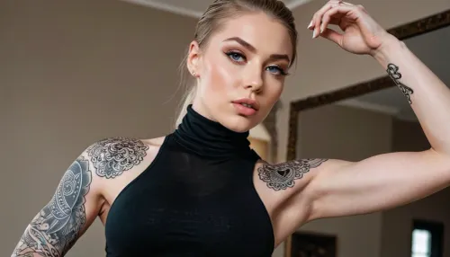 Girl, very young, very pale white german girl, fitness instagram model, muscular, (((blacked clothing))), ((queen of spades tattoo)), armpits, leggings, thick eyebrows, sleeveless turtleneck crop top, blacked, <lora:BLACKED_girls:.6>