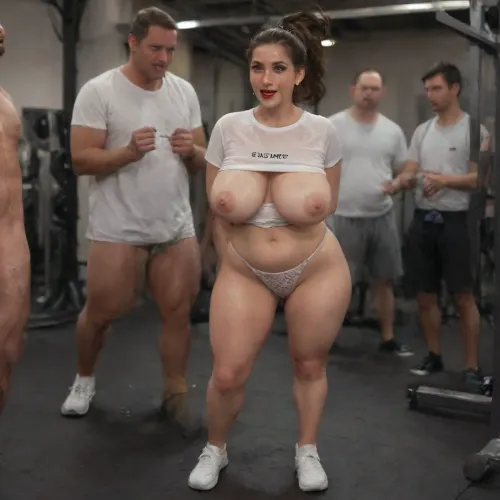 Milf, 35 years old, full build, swollen nipples, plump lips, licking her lips, bright red lipstick, very
black hair, (short ponytail), perfect anatomy, thin wet T-shirt, fishnet panties, tilted to one side, pussy visible, standing tall, in white sneakers, in the gym gym, squeezing her nipples, woman, cum, facial, full-length view, lots of men, <lora:milkers_v2:1.2>, <lora:JustCum:1.2>